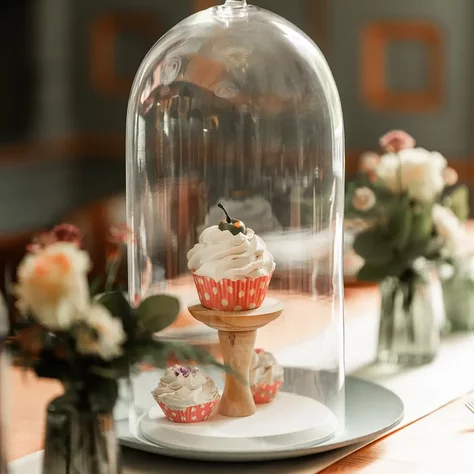 Hochzeitstafel mit Blumen und Cupcakes unter einer Glasglocke im SchlossFUN