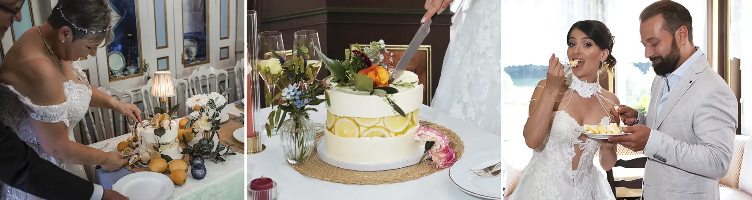 Hochzeitstorte und Brautpaar beim Tortenanschnitt im SchlossFUN Seeburg