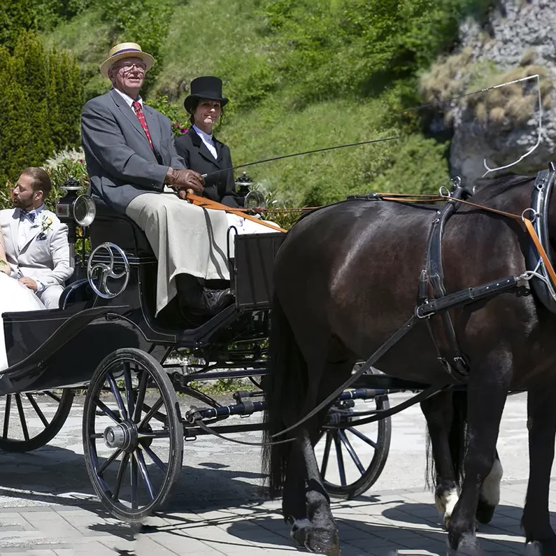 Pferdekutsche mit Brautpaar vor SchlossFUN Seeburg