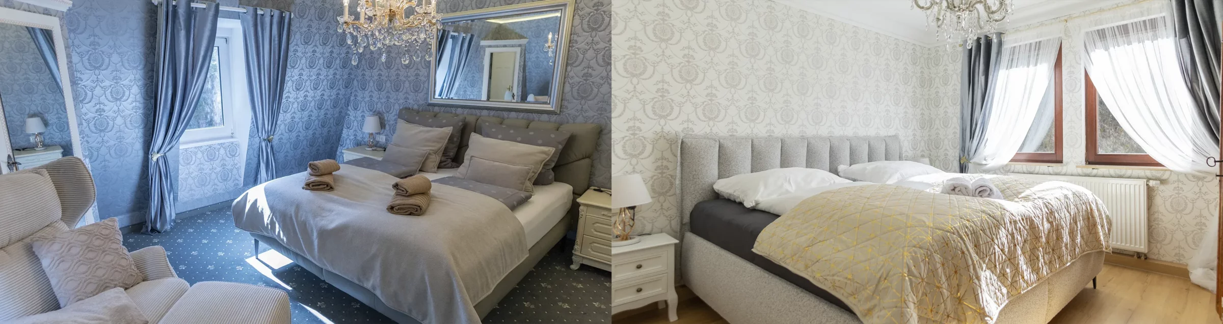 Links die elegante Suite Nachtigall mit Doppelbett und klassischer Einrichtung, rechts die helle Suite Romantik mit großzügigem Doppelbett und stilvollem Ambiente im SchlossFUN (Schlössle Seeburg).